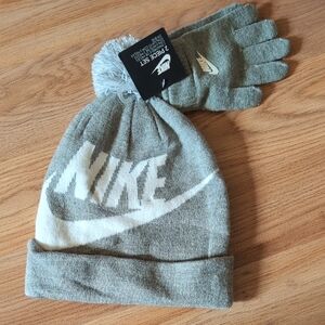 Nike Gray Knit Beanie and Gloves
